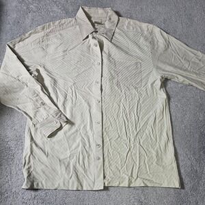Visitor Mens L Button Down Shirt Tan Silk Cotton Blend Diagonal Stripe Long SLV